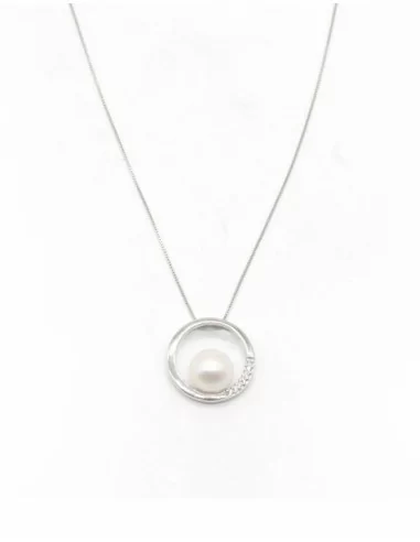 Gargantilla cadena y colgante círculo con perla cultivada plata - 44 cm