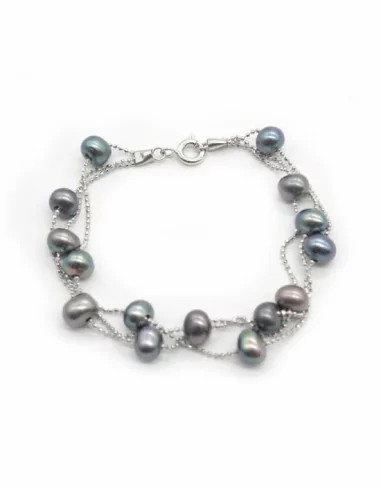 Pulsera plata triple cadena bolitas con perlas cultivadas grises 17cm