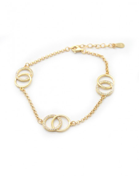 Pulsera tres doble aro con circonitas plata chapada oro - 17cm