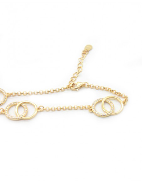 Pulsera tres doble aro con circonitas plata chapada oro - 17cm