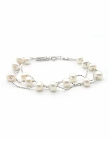 Pulsera plata triple cadena bolitas con perlas cultivadas blancas 17cm