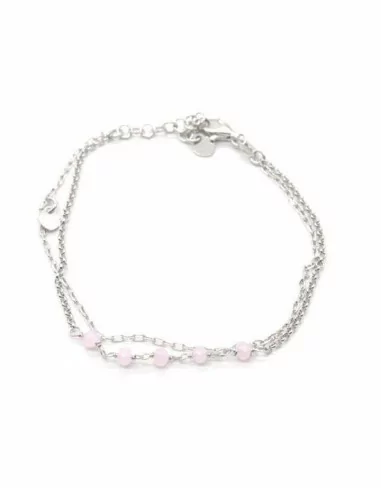 Pulsera plata doble cadena con cuarzo facetado rosa y corazón - 16cm
