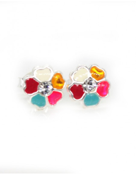 Pendientes plata flor circonita esmalte multicolor | Joyería Orocash