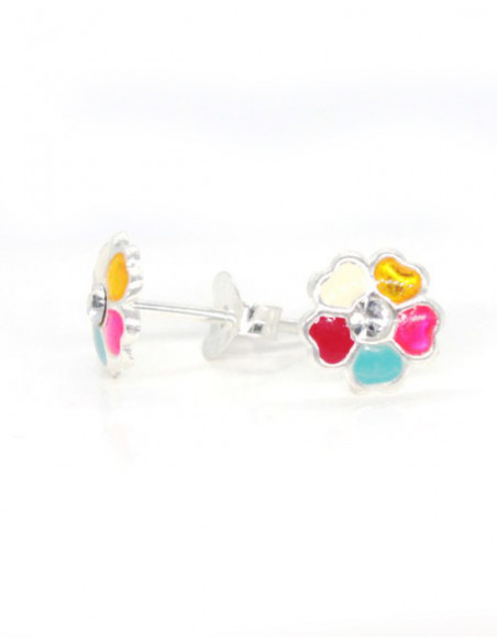 Pendientes plata flor circonita esmalte multicolor | Joyería Orocash