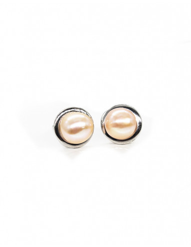 Pendientes perla cultivada color ámbar 8mm con base plata  | Joyería Orocash