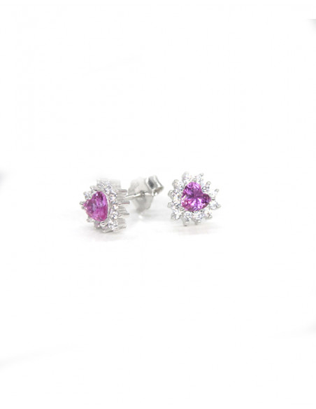 Pendientes corazón circonitas con corazón rosa plata rodio | Joyería Orocash