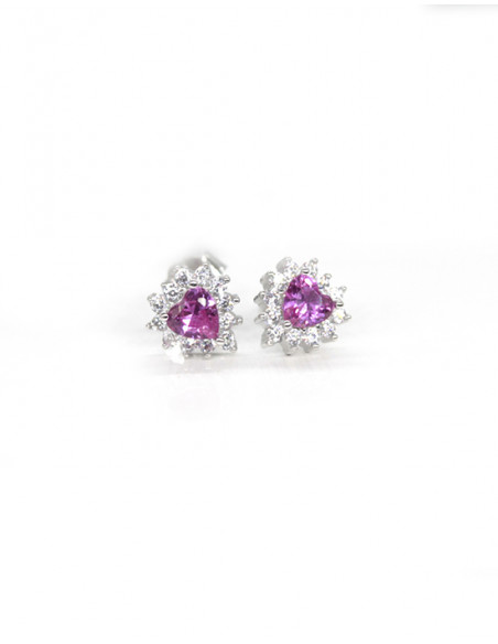 Pendientes corazón circonitas con corazón rosa plata rodio | Joyería Orocash