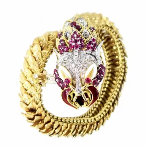 Brazalete dragón con rubíes y diamantes oro 18k