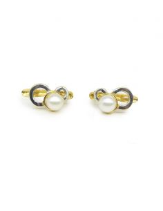 Pendientes doble circulo bicolor perla oro 18k.