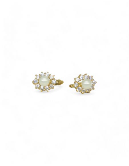 Pendientes flor circonitas perla central 18K-Joyería Orocash