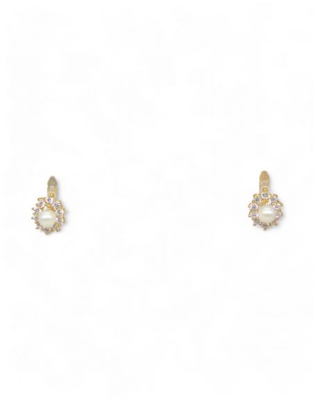 Pendientes flor circonitas perla central 18K-Joyería Orocash