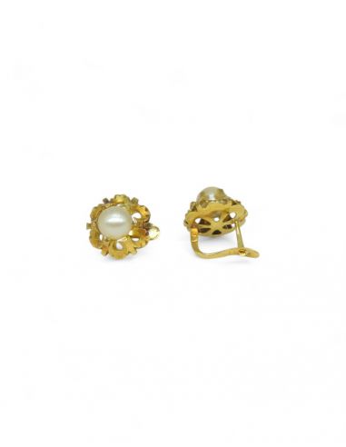 Pendientes labrados perla central oro 18K - Joyería Orocash