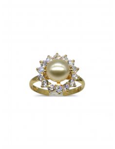 Anillo flor perla y circonitas oro 18k - T.15