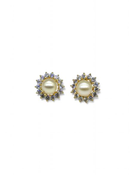 Pendientes perla con orla de circonitas oro 18k - Joyería Orocash