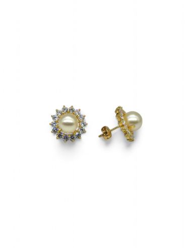 Pendientes perla con orla de circonitas oro 18k - Joyería Orocash