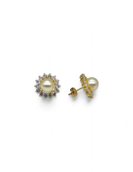 Pendientes perla con orla de circonitas oro 18k - Joyería Orocash