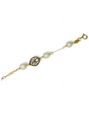 Pulsera perlas placas flor oro 18k - 17cm - Joyería Orocash