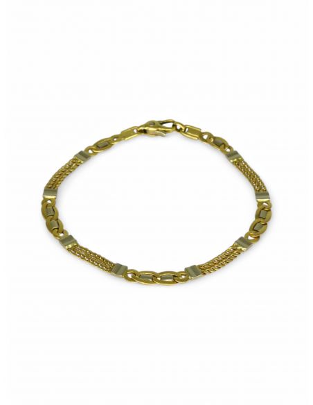Pulsera doble cadena con barbada plana oro bicolor 18k - 19cm - Joyería Orocash