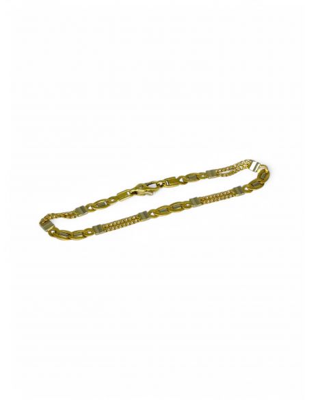 Pulsera doble cadena con barbada plana oro bicolor 18k - 19cm - Joyería Orocash