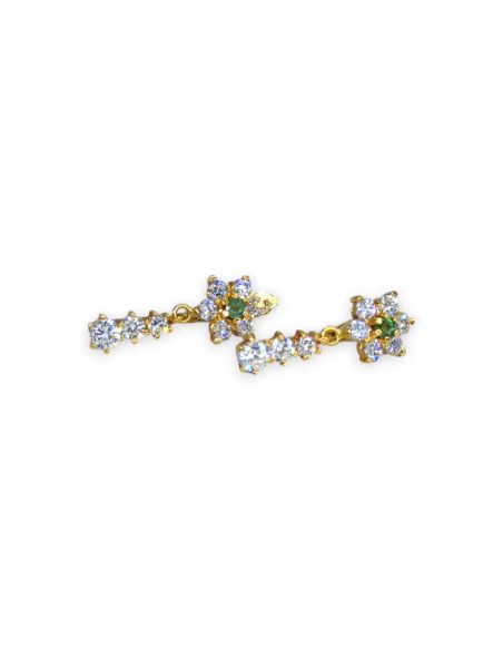 Pendientes flor con tres circonitas colgando oro 18k - Joyería Orocash