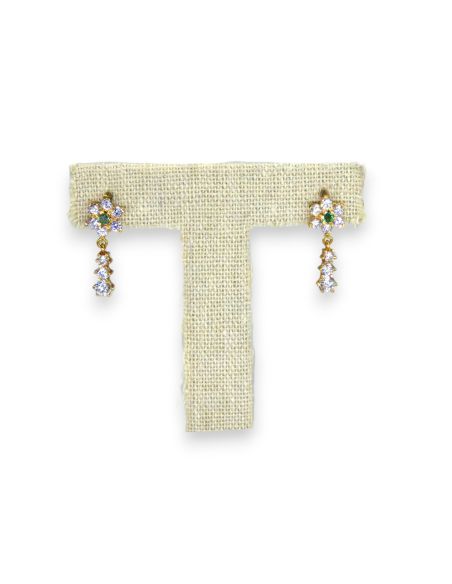 Pendientes flor con tres circonitas colgando oro 18k - Joyería Orocash