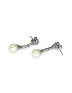Pendientes largos circonitas y perla oro blanco 18k 2