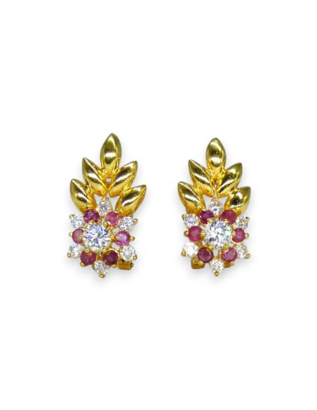 Pendientes flor con circonitas blancas y rosas oro 18k - Joyería Orocash