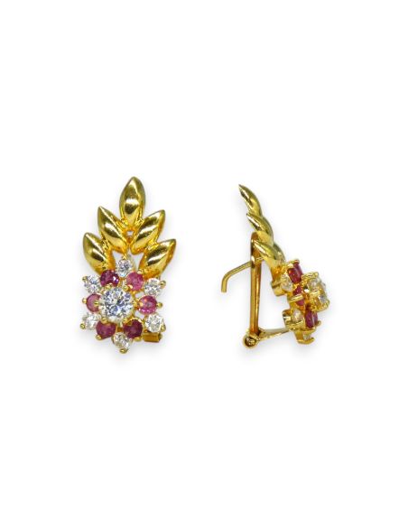 Pendientes flor con circonitas blancas y rosas oro 18k - Joyería Orocash