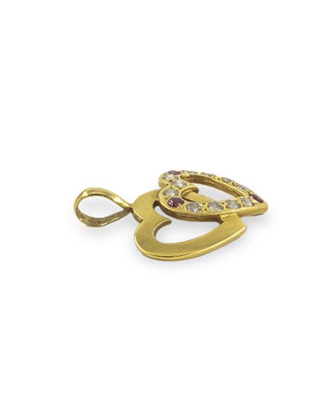 Colgante doble corazón uno con circonitas 2cm oro 18k - Joyería Orocash