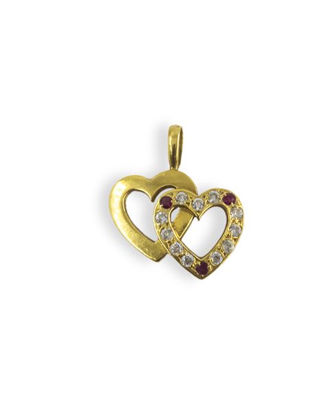 Colgante doble corazón uno con circonitas 2cm oro 18k - Joyería Orocash