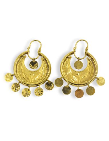 Pendientes aros labrados con monedas colgando oro 18k - Joyería Orocash