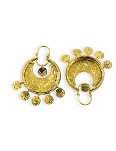 Pendientes aros labrados con monedas colgando oro 18k - Joyería Orocash