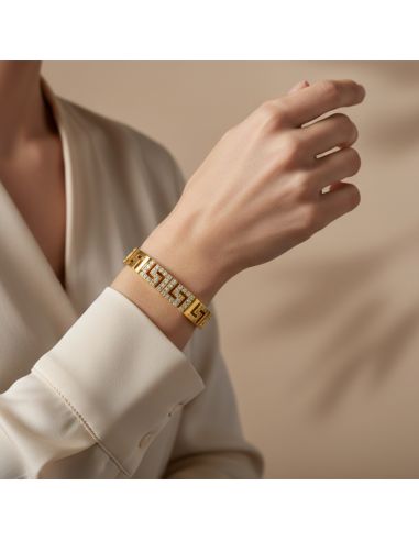 Pulsera greca 19.5cm con circonitas brillo satinada oro 18k - Joyería Orocash