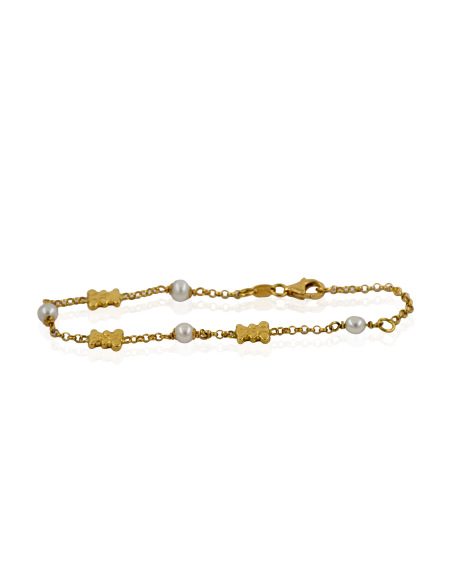Pulsera con perlas y tres ositos 17cm oro 18k - Joyería Orocash