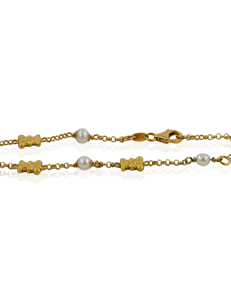 Pulsera con perlas y tres ositos 17cm oro 18k - Joyería Orocash