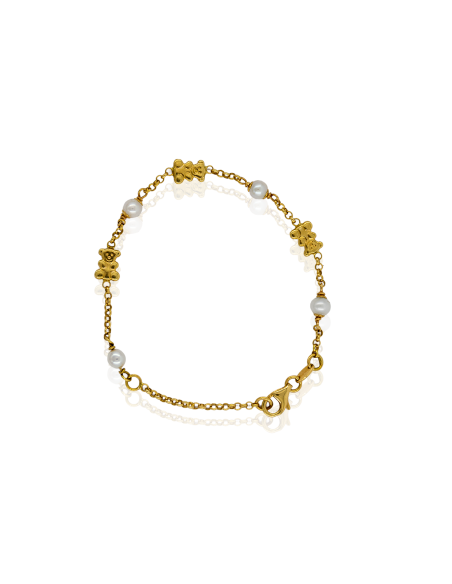 Pulsera con perlas y tres ositos 17cm oro 18k - Joyería Orocash