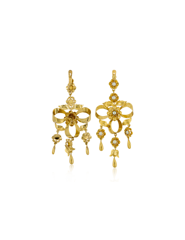Pendientes largos tallaje antiguo con perlas oro 18k - Joyería Orocash