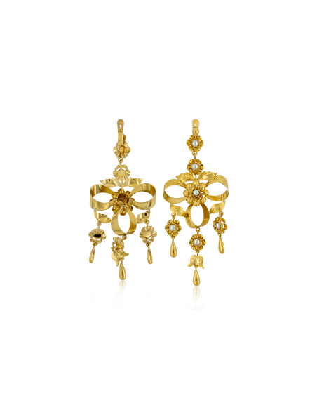 Pendientes largos tallaje antiguo con perlas oro 18k - Joyería Orocash