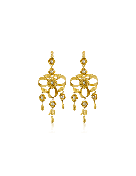 Pendientes largos tallaje antiguo con perlas oro 18k - Joyería Orocash