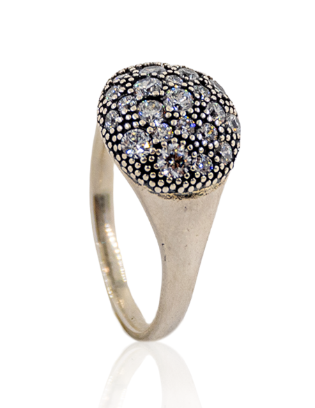 Anillo plata envejecida frontal media bola circonitas - Joyería Orocash
