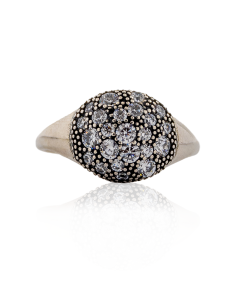 Anillo plata envejecida frontal media bola circonitas - Joyería Orocash