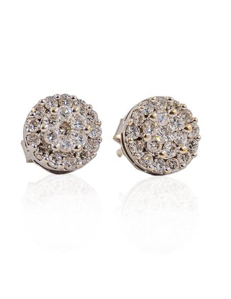 Pendientes de botón redondos pavé diamantes oro blanco 18k - Joyería Orocash
