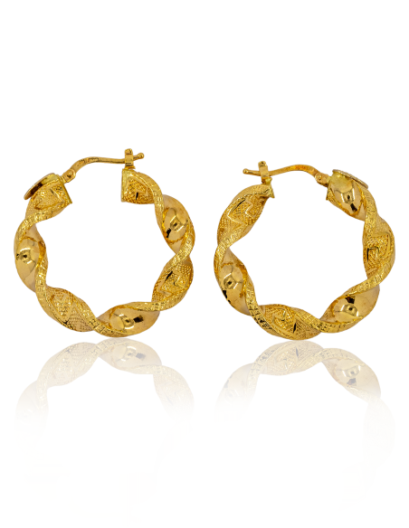 Pendientes aros rizados pulidos y greca 3.2cm oro 18k - Joyería Orocash