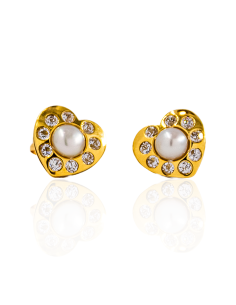 Pendientes corazón circonitas y perla central oro 18k - Joyería Orocash