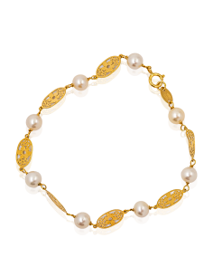 Pulsera perlas y óvalos flor calada 17cm oro 18k - Joyería Orocash