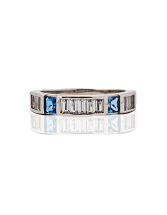 Sortija plata circonitas blancas y azul baguette | Orocash joyería