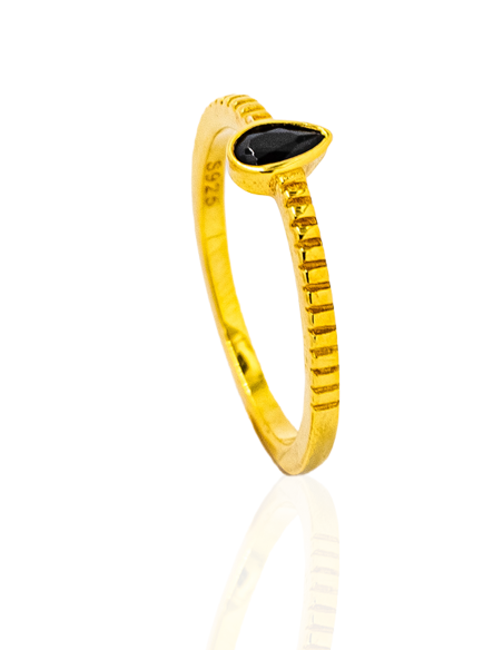 Anillo plata chapada oro circonita negra pera | Orocash joyería