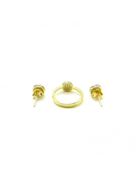 Juego anillo y pendientes redondos circonitas plata dorada