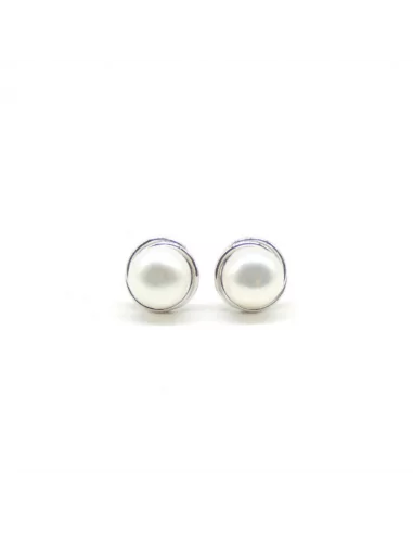 Pendientes plata rodiados perla cultivada blanca en montura 9mm presión