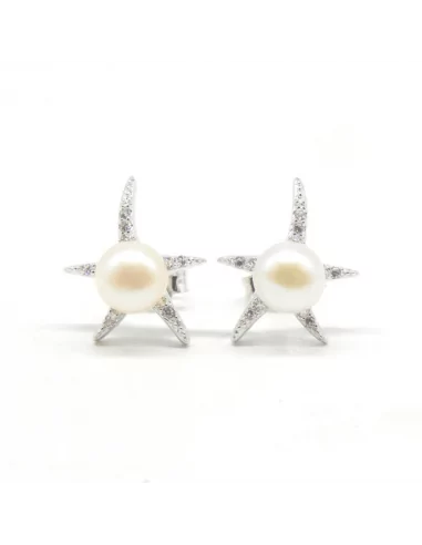 Pendientes plata rodiada estrella de mar con perla cultivada blanca